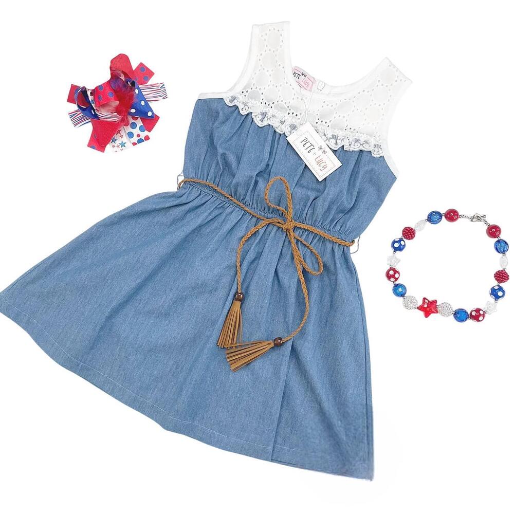 NEW PETE + LUCY girls july 4th chambray dress in blue